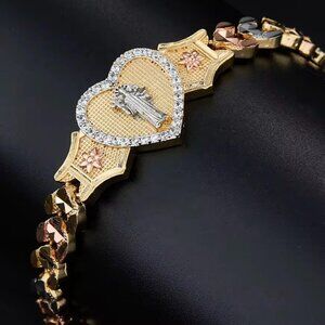 Gold Stainless Steel Religious Bracelet. Heart & Angel Design
